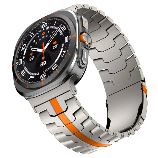 Metal Macho Band for Galaxy Watch Ultra, premium stainless steel with bold orange accents for durability and style.