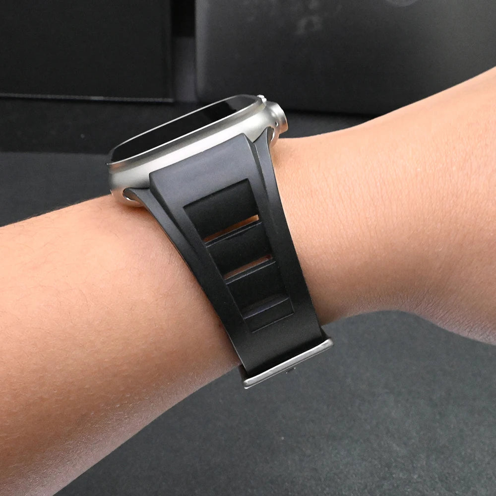 Silicon Sports Band for Apple Watch Ultra & Series (44–49mm) on a wrist for comfort and durability.