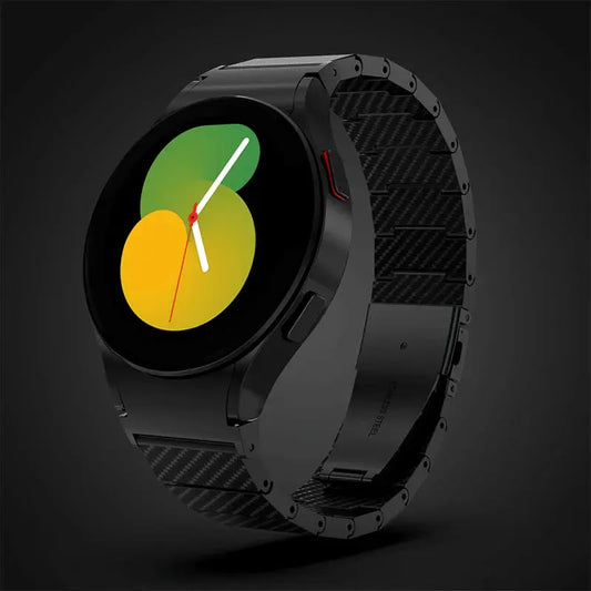 No Gaps Carbon Fiber Strap For Samsung Galaxy Watch on a sleek black background, showcasing its stylish design.