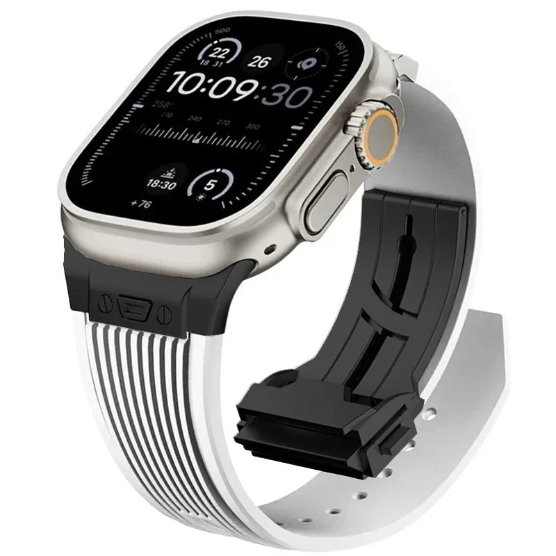 Men’s Silicone Apple Watch Band for Ultra 3 & Series 11–3 on a stylish smartwatch.