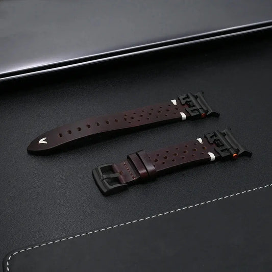 Rocco, The Galaxy Ultra Leather Band showcasing pure leather with breathable holes and masculine connectors.
