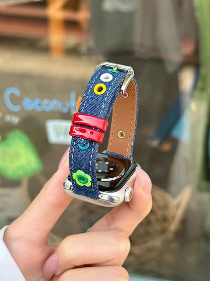 Cute Denim & Leather Apple Watch Band for Women (38–49mm)