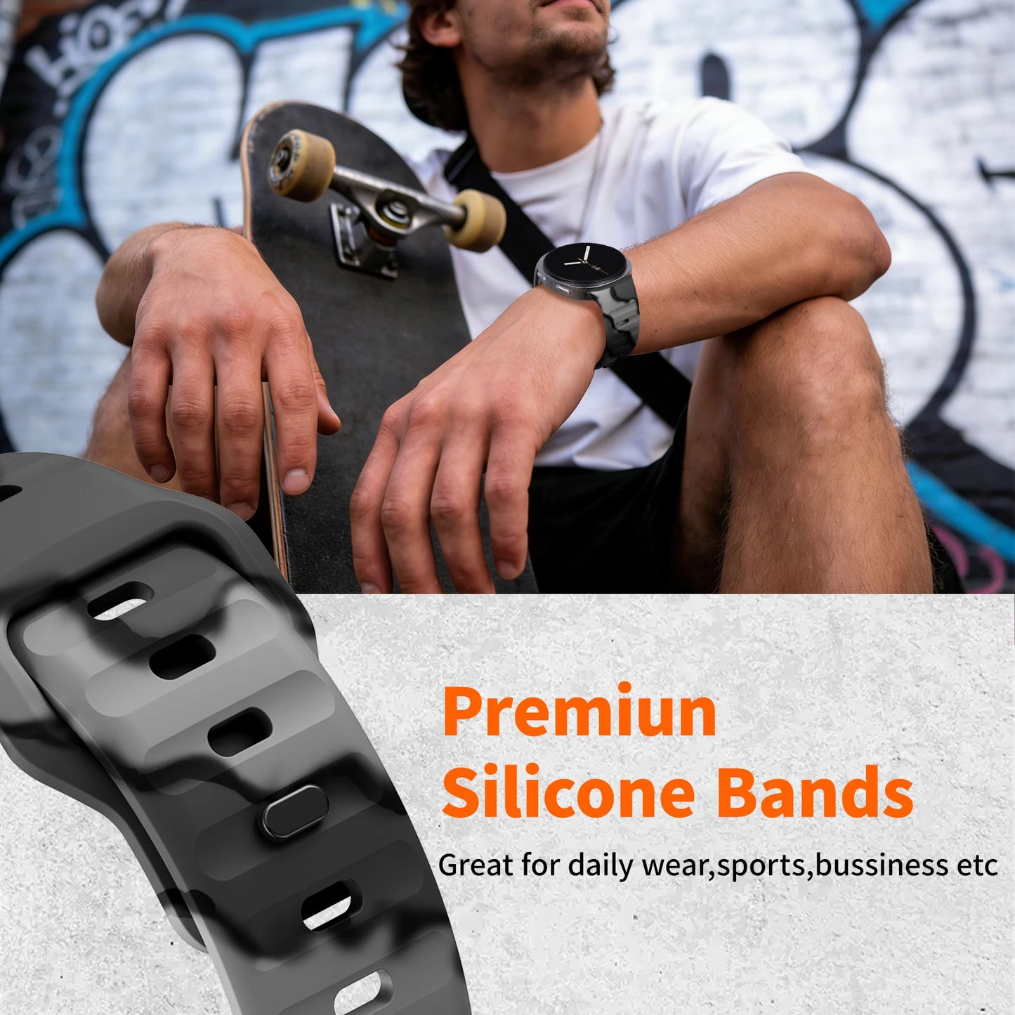 Rugged Silicone Sport Band for Samsung Galaxy Watch (40–47mm) worn during sports and daily activities.