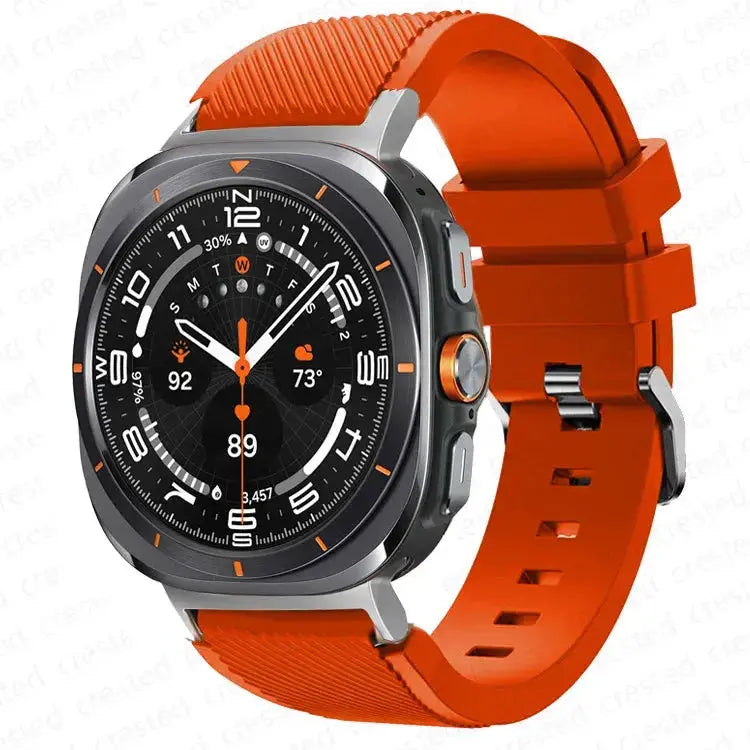 Warrior, the Rugged Band for Samsung Galaxy Watch Ultra in orange silicone with metal buckle.