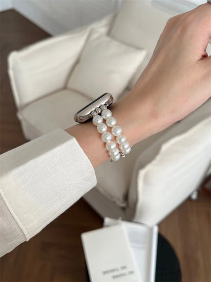 Luxury Pearl & Diamond Bow Apple Watch Band (38–49mm)