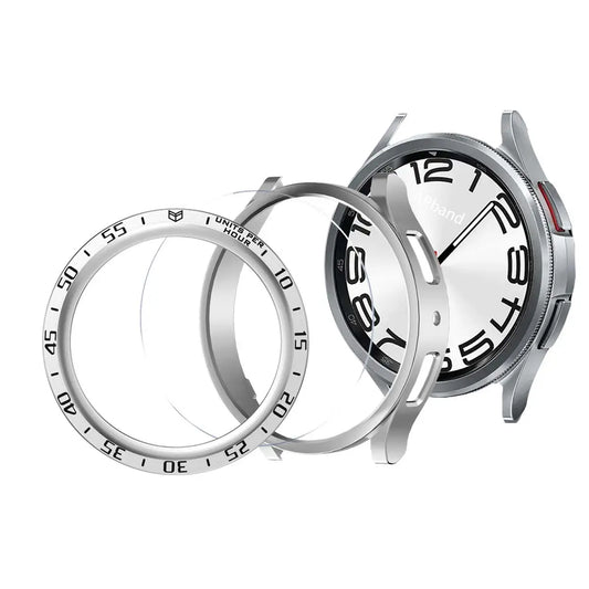 3pcs of Case + Glass + Metal Bezel for Samsung Galaxy Watch, showing protective case and bezel for Samsung Galaxy Watch 5 Pro.