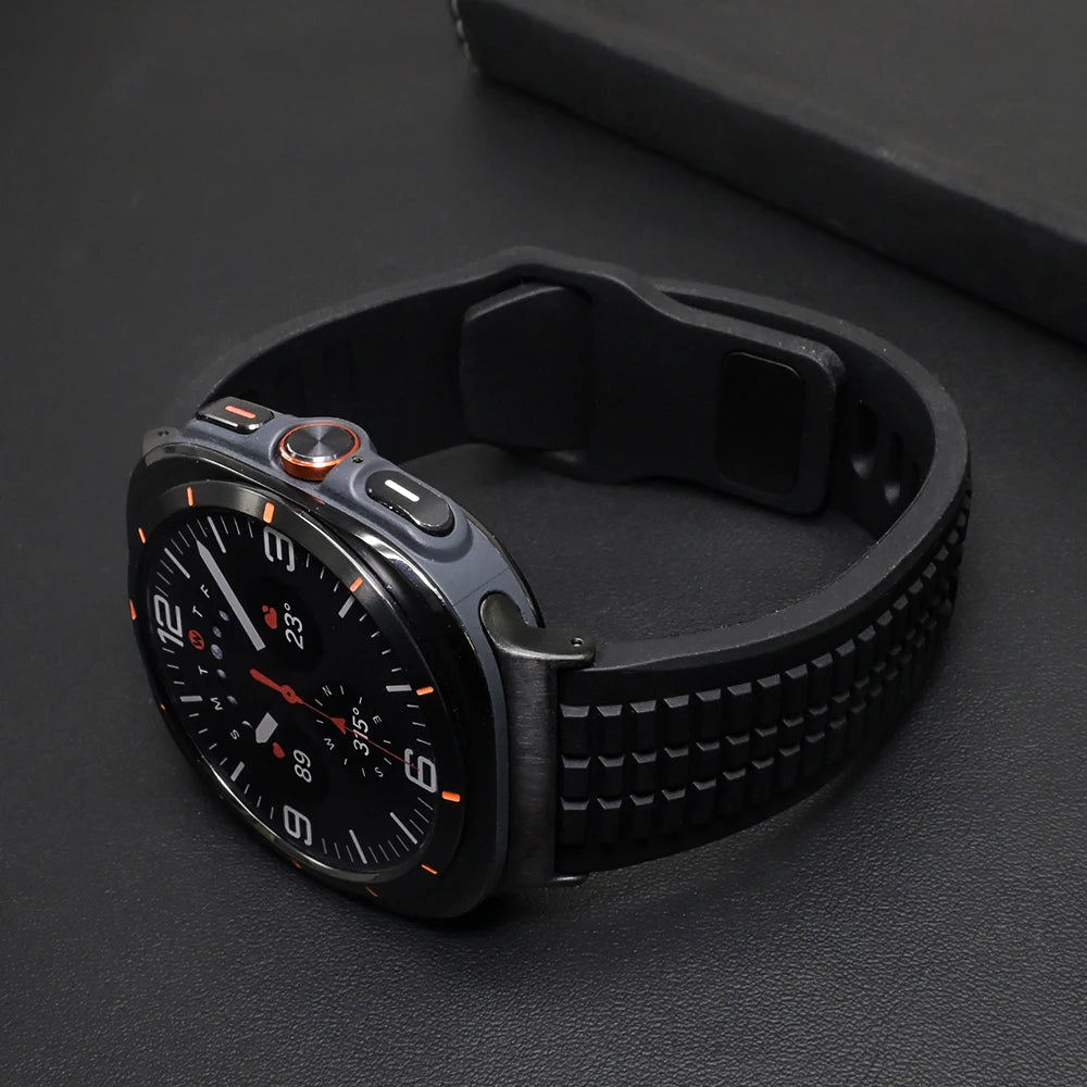 Soft Silicone Sport Band for Samsung Galaxy Watch Ultra & 8 on a smartwatch, showcasing durability and modern style.