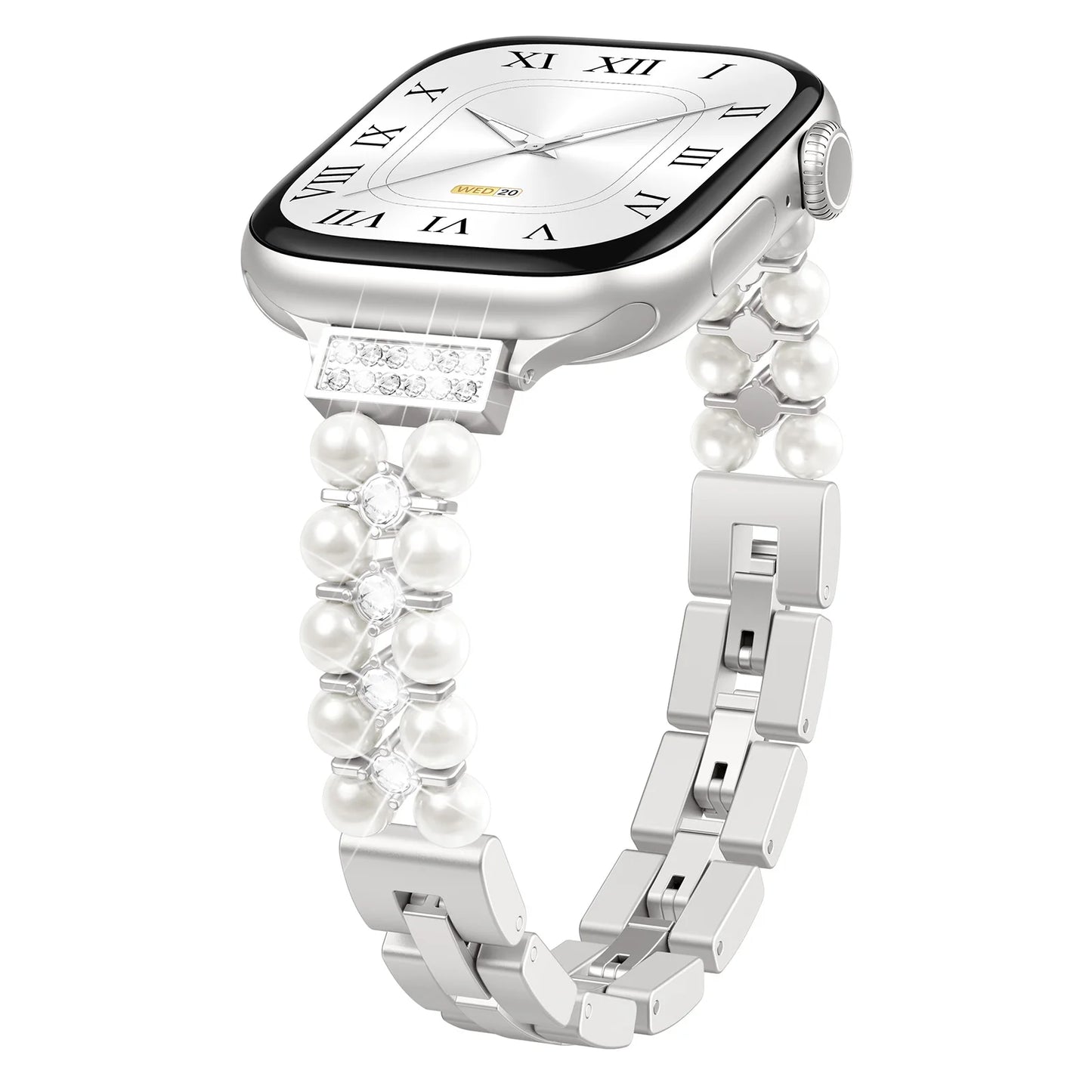 Apple Watch Jewelry Strap for Women – Pearl Metal Bracelet with pearl and diamond-style accents.