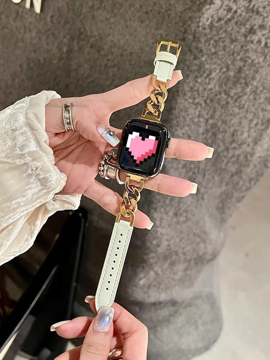 Luxury Leather & Steel Chain Band for Apple Watch 38–49mm