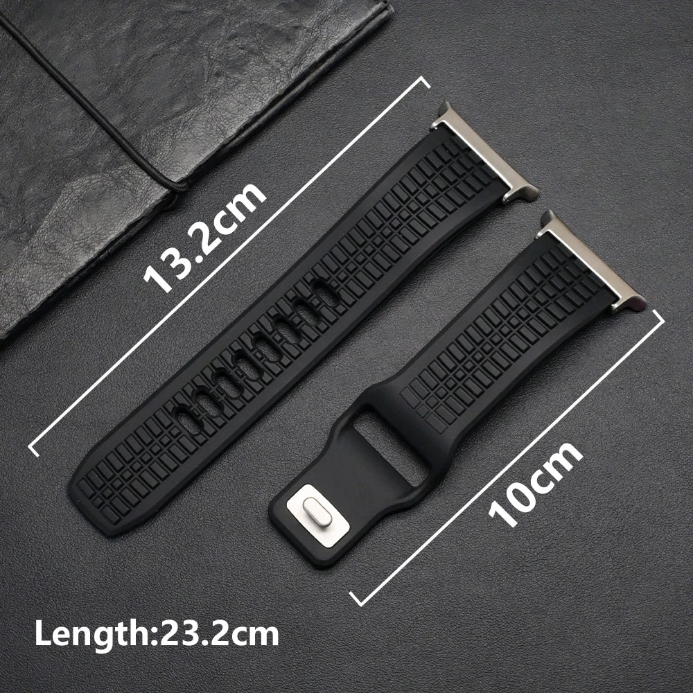 Soft Silicone Sport Band for Samsung Galaxy Watch Ultra & 8, black strap with measurements 13.2cm and 10cm, designed for comfort.