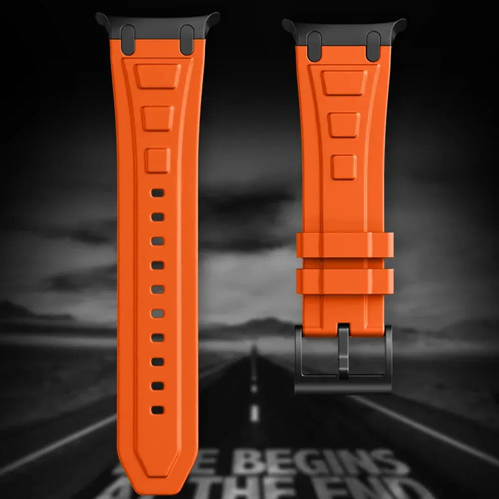 Rocky rugged soft silicone sports band for Galaxy Watch Ultra in vibrant orange, designed for comfort and adventure.