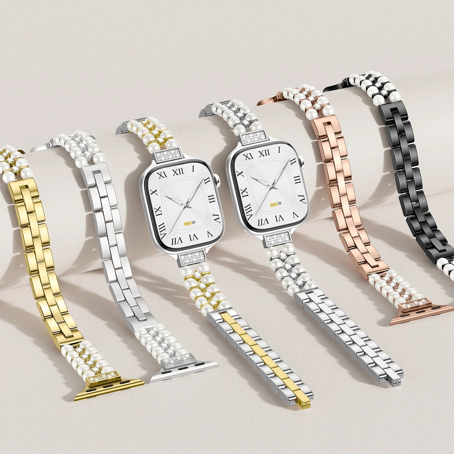 Apple Watch Jewelry Strap for Women – Pearl Metal Bracelet in multiple colors and styles on display.