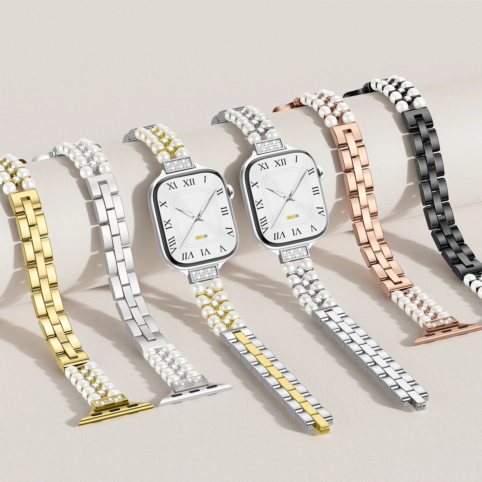 Apple Watch Jewelry Strap for Women – Pearl Metal Bracelet in multiple colors and styles on display.
