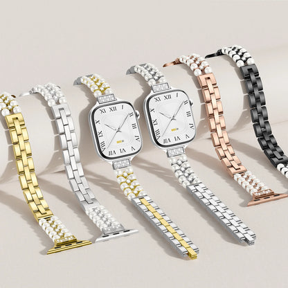 Apple Watch Jewelry Strap for Women – Pearl Metal Bracelet in multiple colors and styles on display.