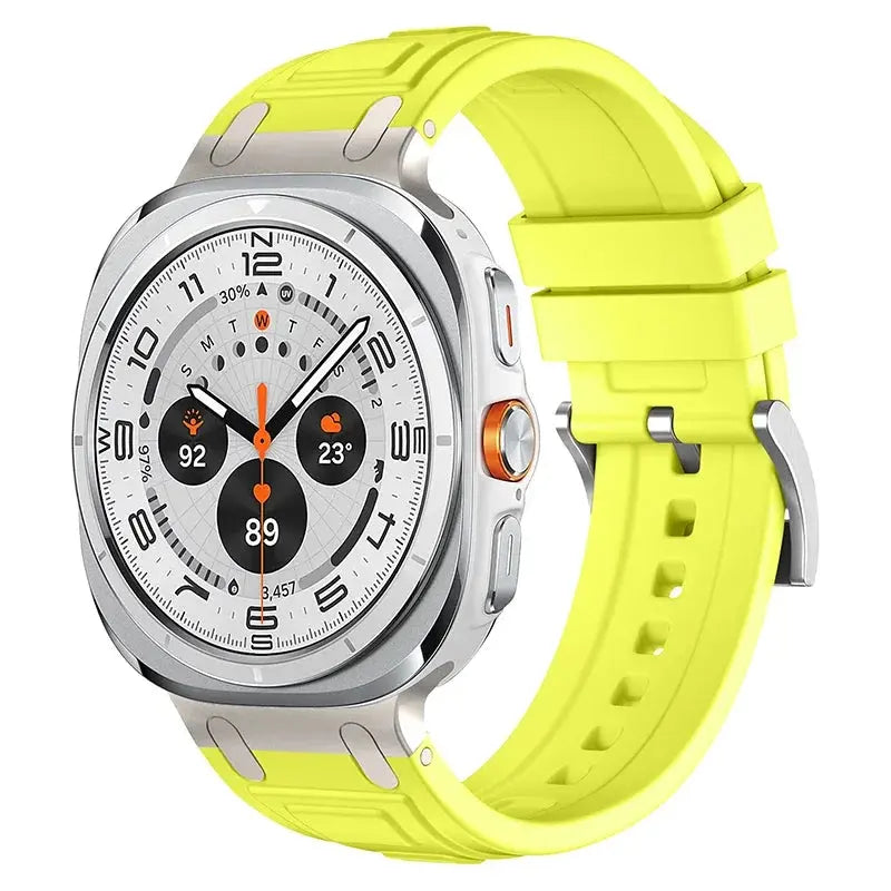 Rocky silicone sports band in vibrant yellow for Galaxy Watch Ultra, showcasing sporty design and secure fit.