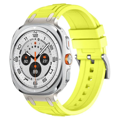 Rocky silicone sports band in vibrant yellow for Galaxy Watch Ultra, showcasing sporty design and secure fit.
