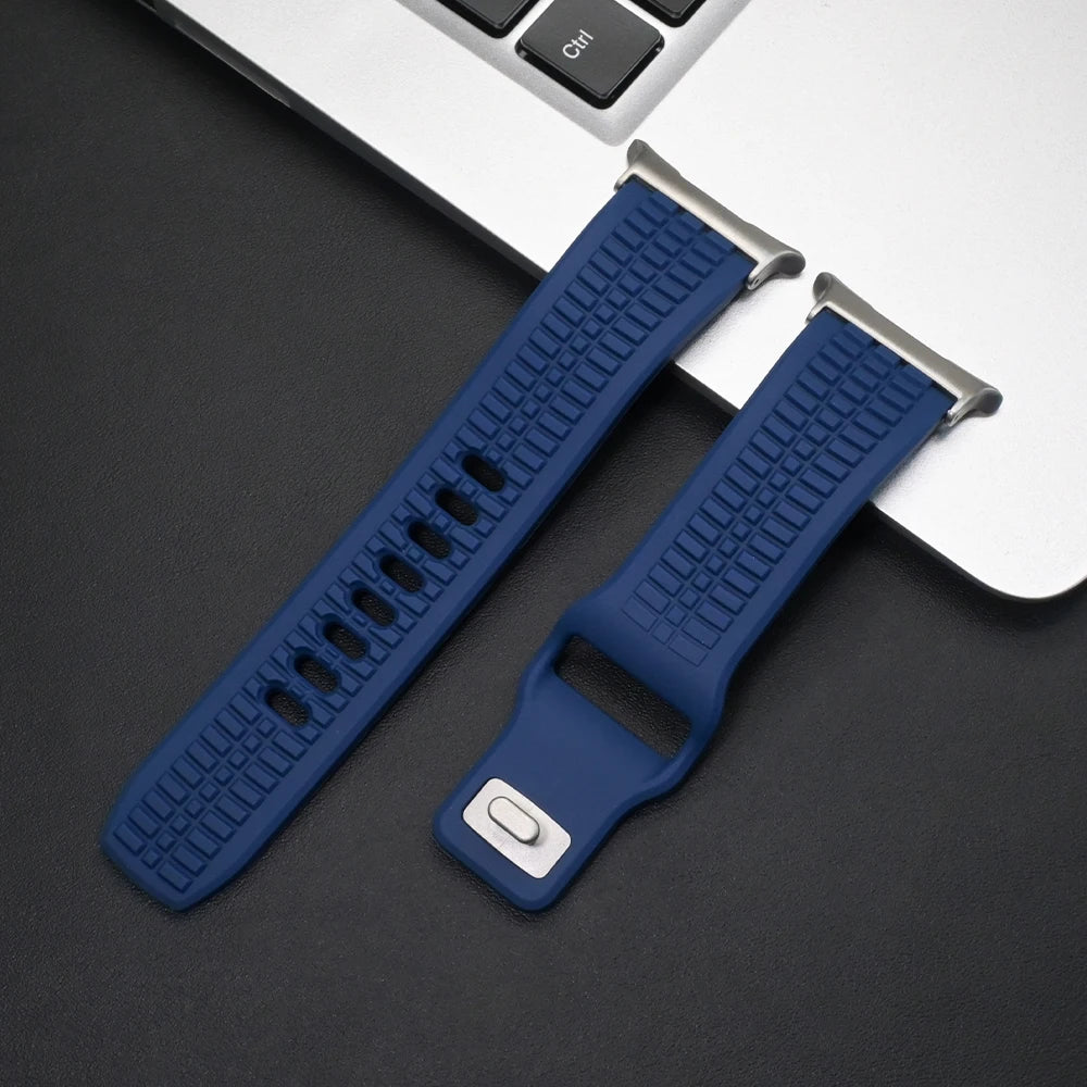 Soft Silicone Sport Band for Samsung Galaxy Watch Ultra & 8 in blue color, showcasing durability and style.