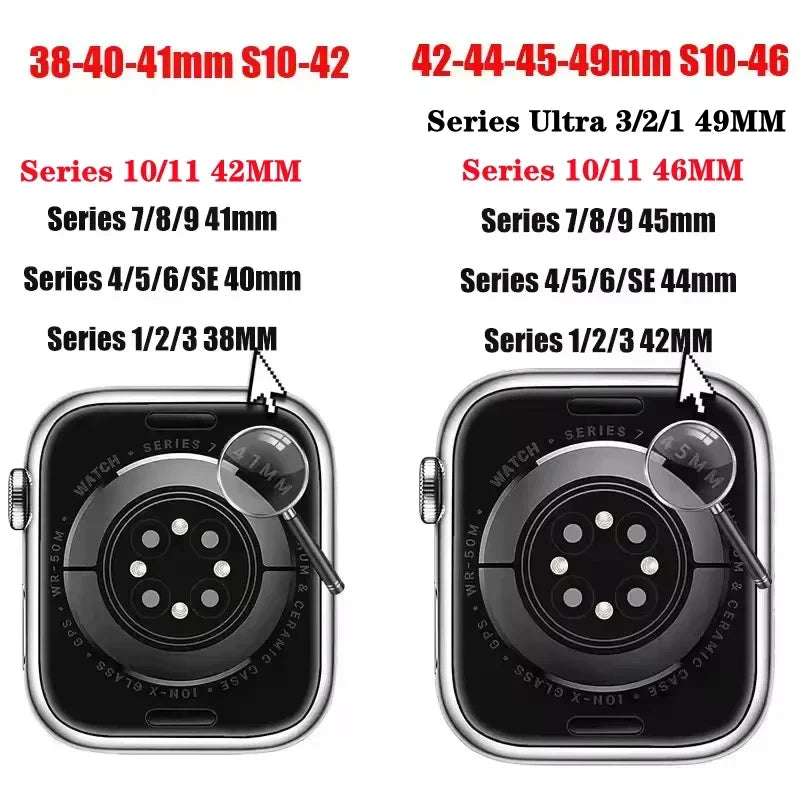 Comparison of watch case sizes with measurements labeled on a white background