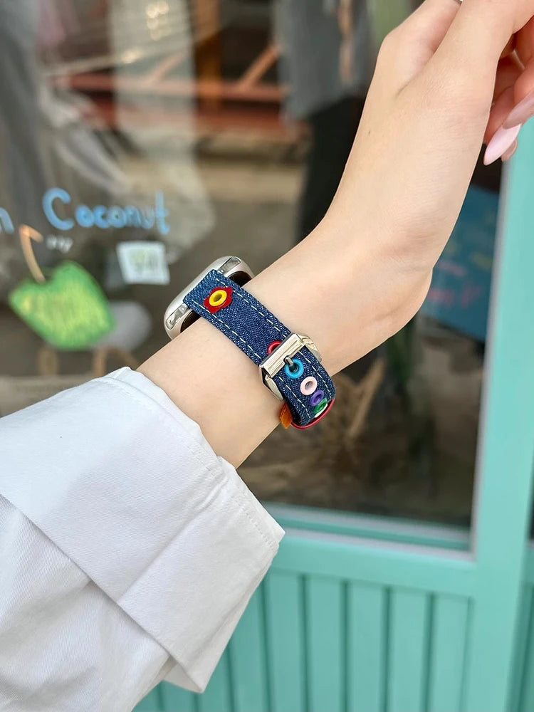 Cute Denim & Leather Apple Watch Band for Women (38–49mm)