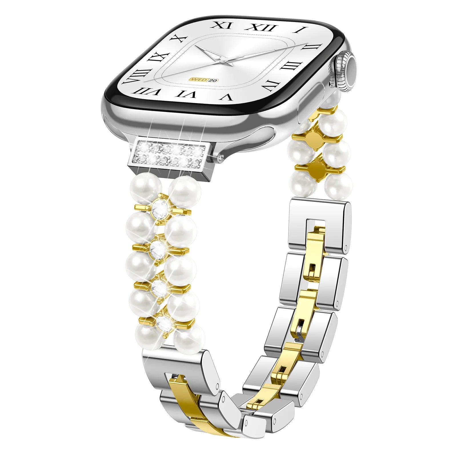 Apple Watch Jewelry Strap for Women – Pearl Metal Bracelet featuring a luxurious pearl and metal design.