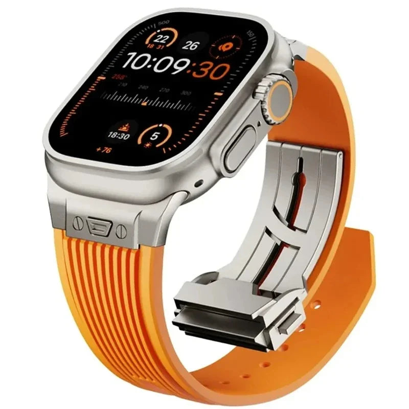 Men’s Silicone Apple Watch Band for Ultra 3 & Series 11–3 in bright orange with silver hardware.