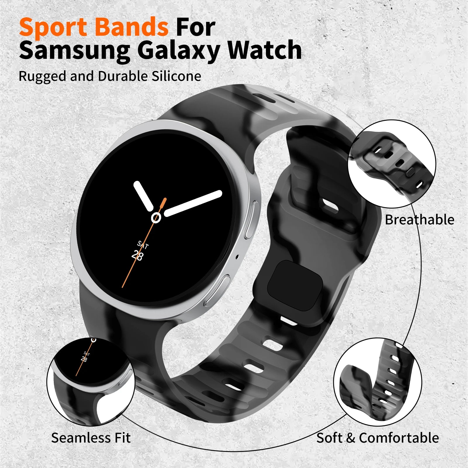 Rugged Silicone Sport Band for Samsung Galaxy Watch (40–47mm) featuring durable and comfortable silicone design.