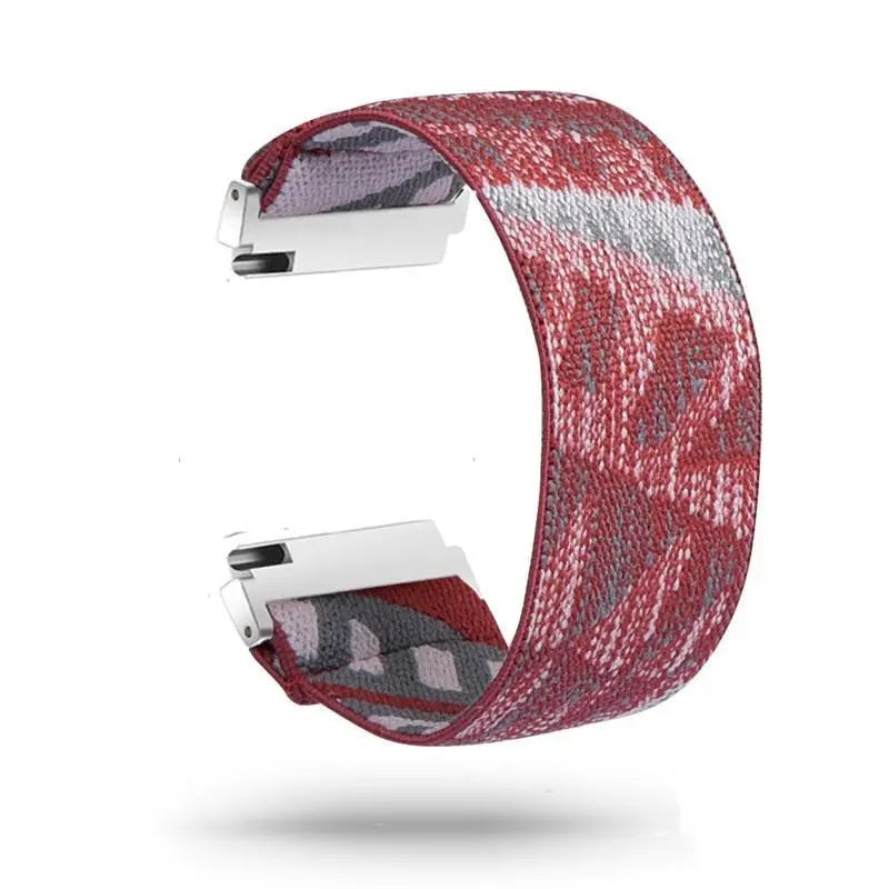 Scrunchie Strap for Fitbit Versa/Versa 2/Versa Lite/Versa 3 in red and gray patterned nylon design.