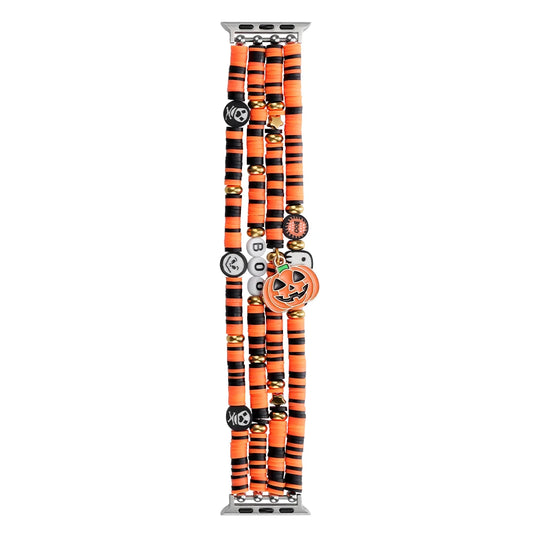 Halloween Beaded Apple Watch Band – Soft Clay Bracelet Strap featuring orange and black beads with pumpkin charms.
