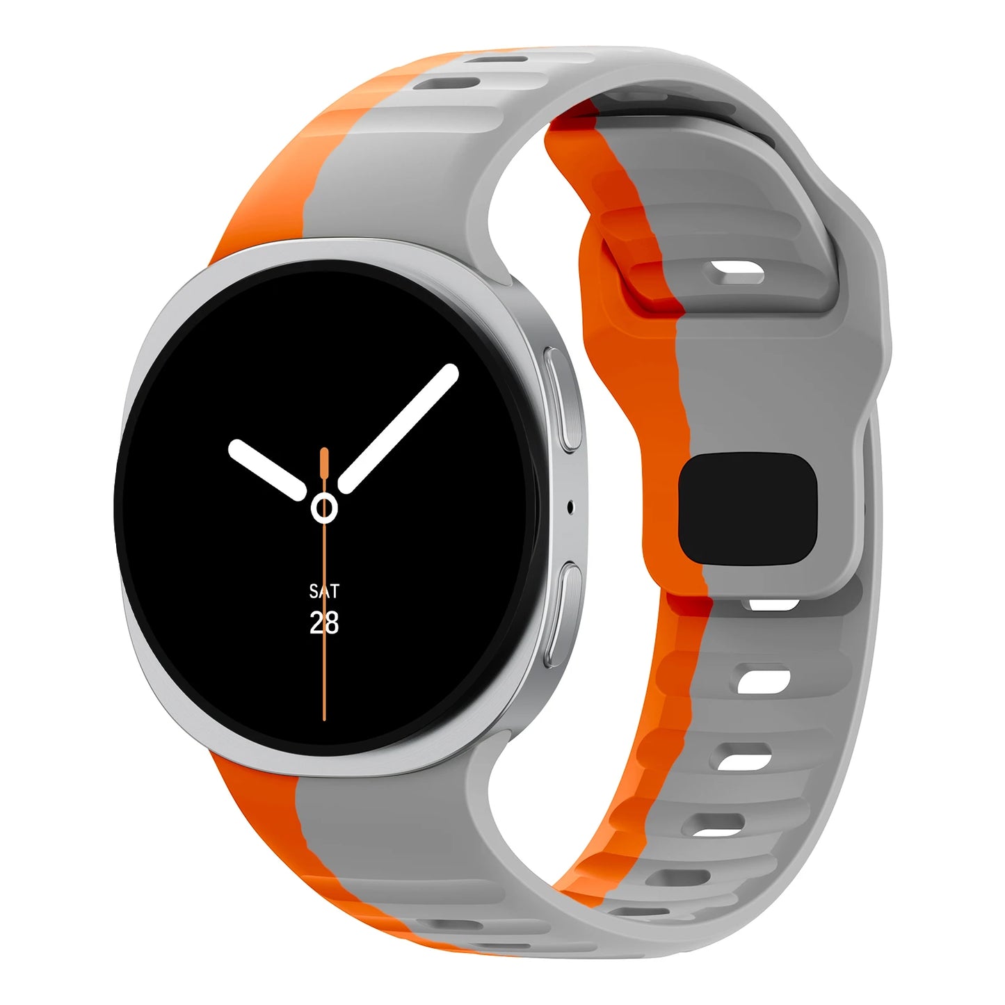 Rugged Silicone Sport Band for Samsung Galaxy Watch (40–47mm) shown in gray and orange color with a black watch face.