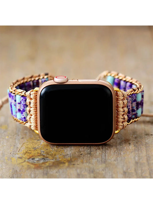 Semiprecious Stone Beaded Apple Watch Band – Vegan Bracelet Strap with vibrant semiprecious stones on a wooden table.