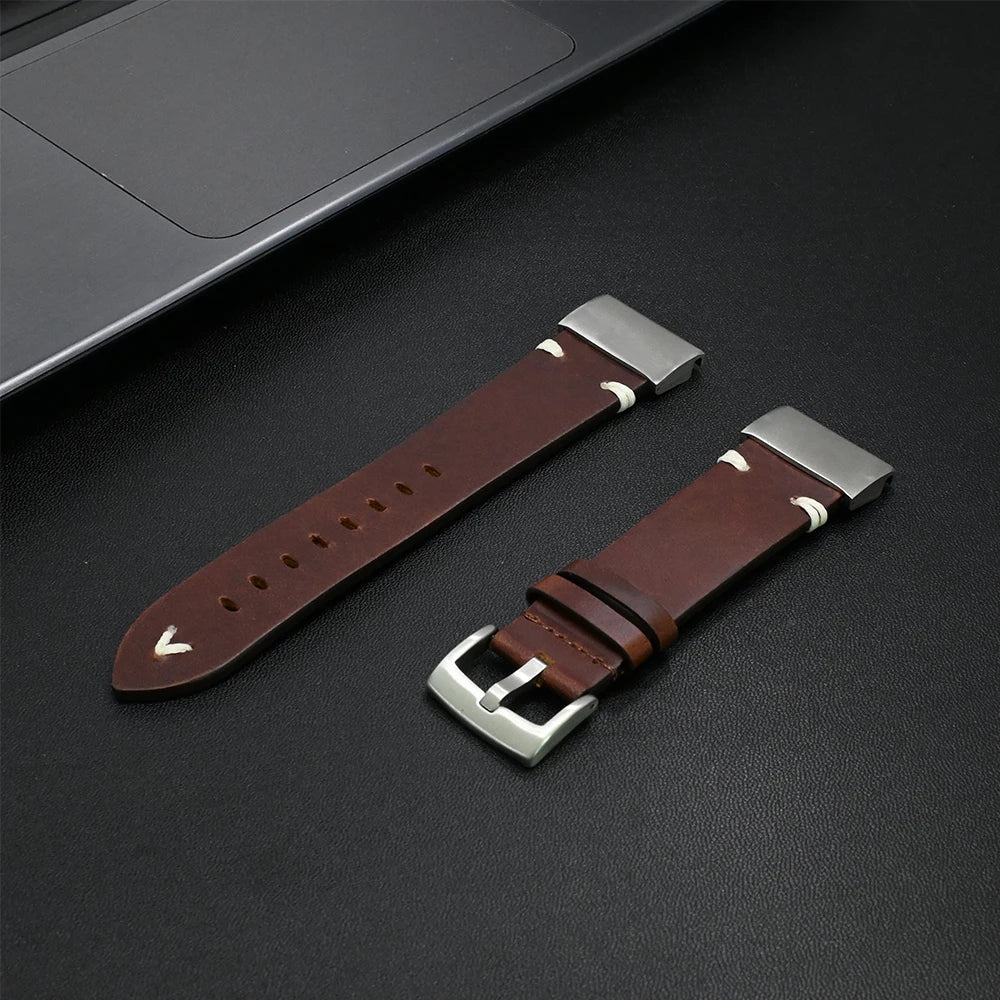 Leather Band for Garmin Watch Fenix 8 51mm & 7X Pro | Soft 22mm & 26mm Strap on a black background.