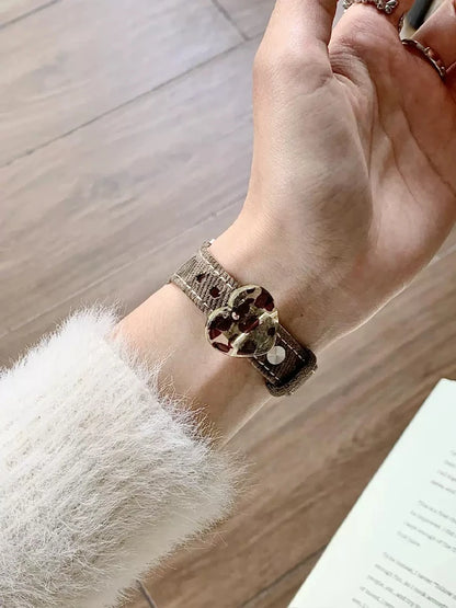 Retro Leopard Leather Heart Band for Apple Watch 38-49mm Series