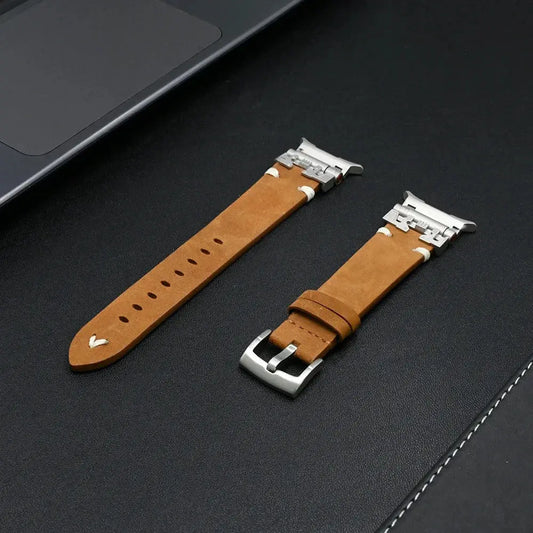 Delot, The Leather Band for Galaxy Watch Ultra showing a premium leather strap with silver connectors.