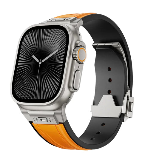 Smartwatch with black and orange silicone band on a white background