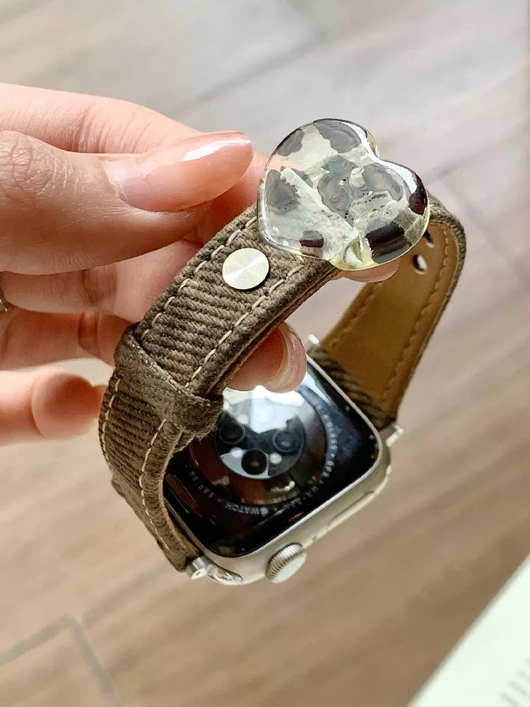 Retro Leopard Leather Heart Band for Apple Watch 38-49mm Series