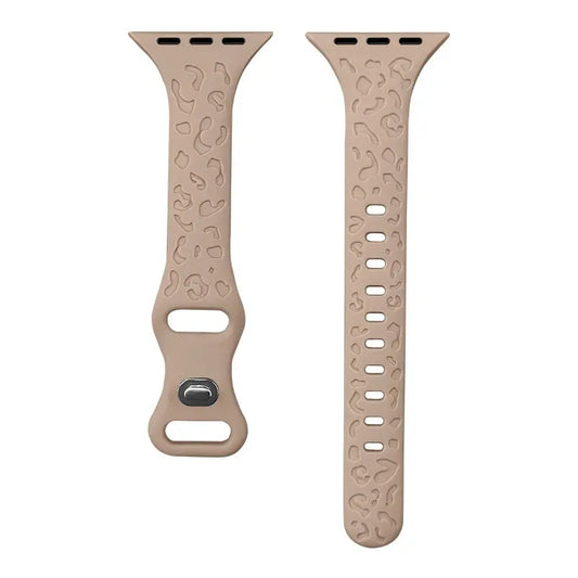Engraved Slim Silicon Bands in beige with leopard pattern design for Apple Watch.