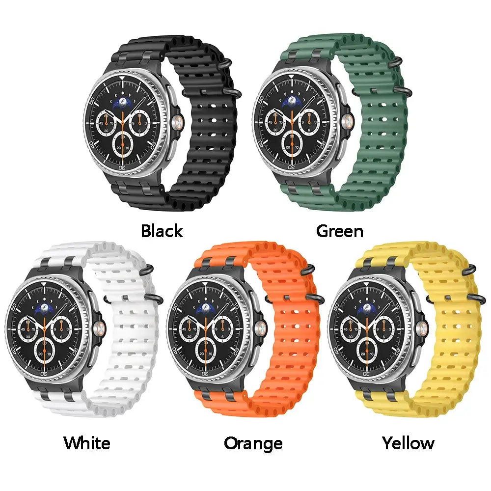 Sports Silicone Galaxy Watch 8 Bands | Ocean Soft Loop Strap 40/44/46mm in black, green, white, orange, and yellow colors.
