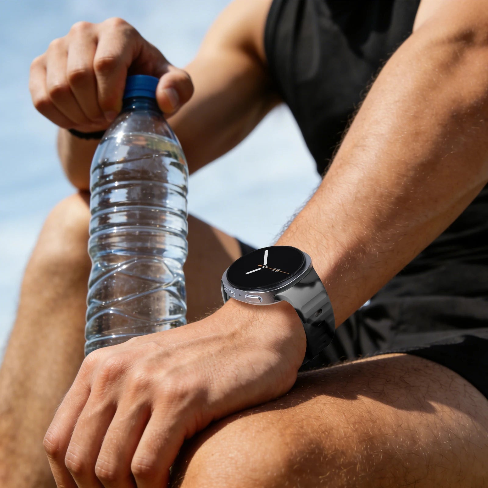 Rugged Silicone Sport Band for Samsung Galaxy Watch (40–47mm) on a man's wrist during outdoor activity.