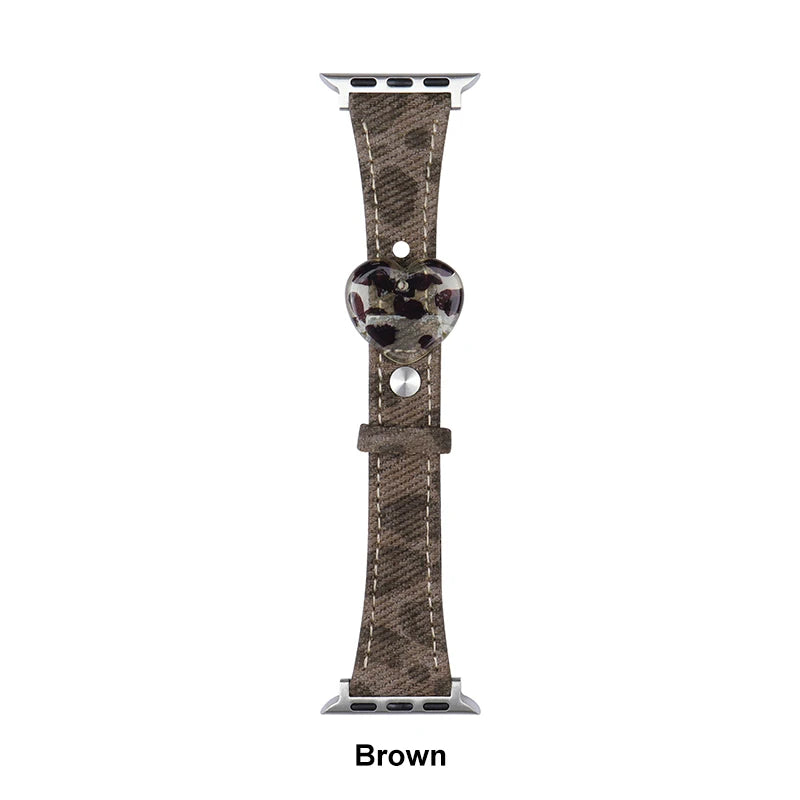 Retro Leopard Leather Heart Band for Apple Watch 38-49mm Series