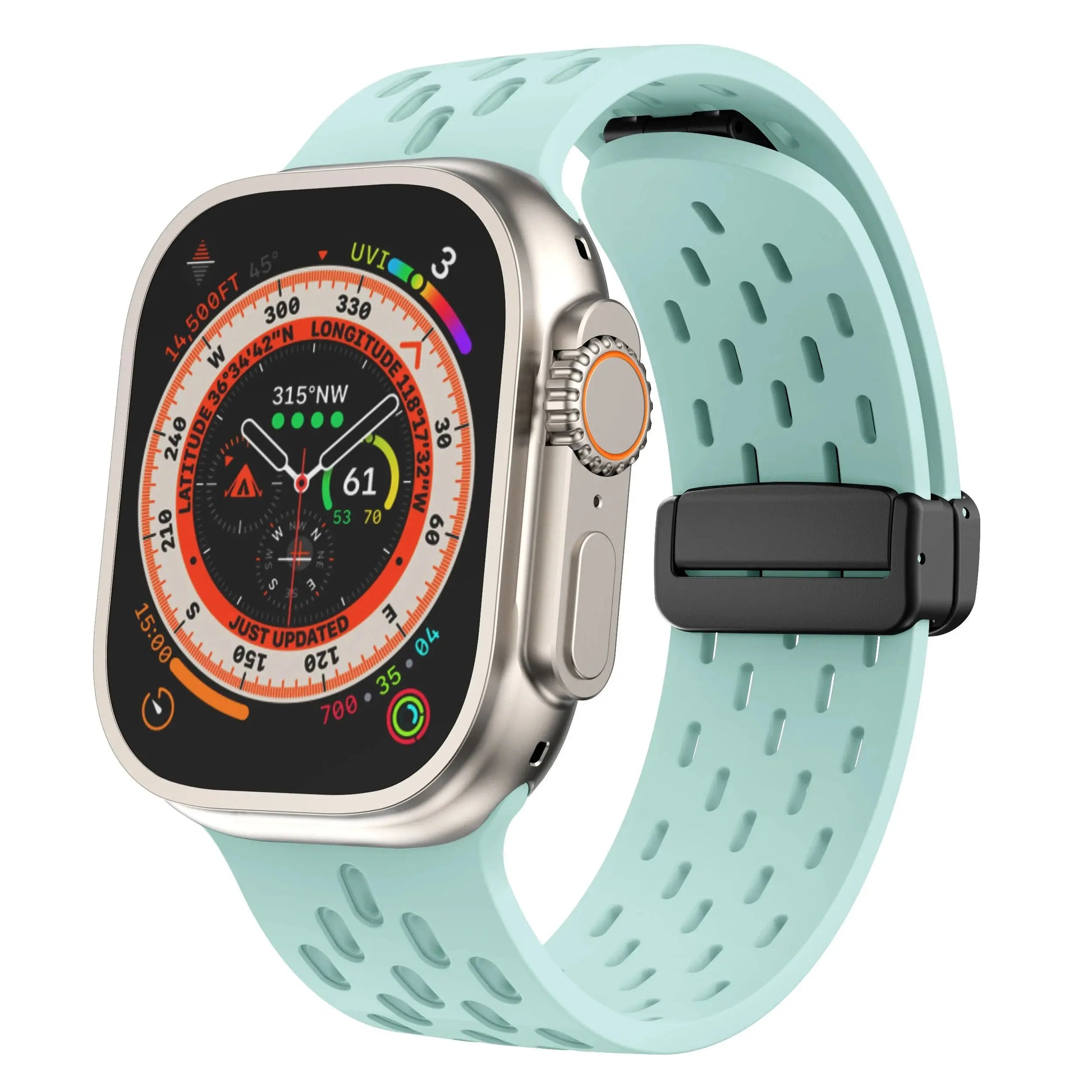 Breathable Silicon Magnetic Clasp Bands on an Apple Watch, showcasing breathable design and secure magnetic clasp.