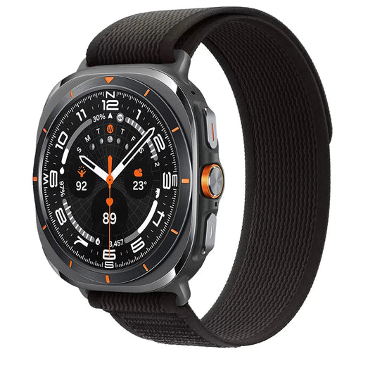 Soft Stretchy Nylon Trail Bands for Galaxy Watch Ultra on a sleek smartwatch design with black strap.