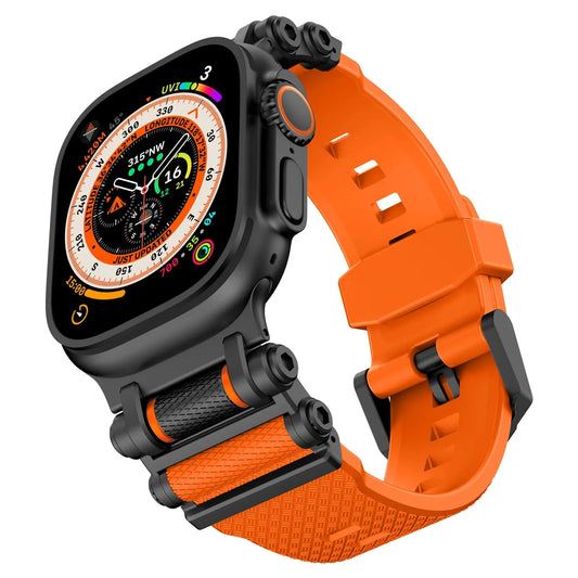 Rugged Rocky Band for Apple Watch in orange, silicone strap for iSeries 3-9, durable and unisex design.