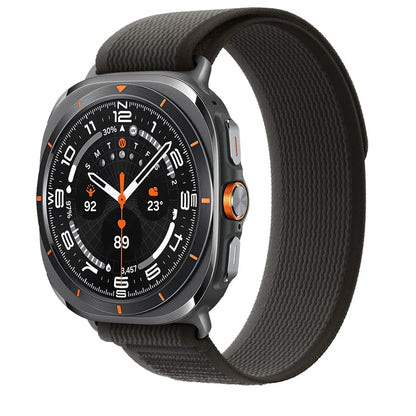 Soft Stretchy Nylon Trail Bands for Galaxy Watch Ultra in sleek modern design with smartwatch on a dark nylon strap.
