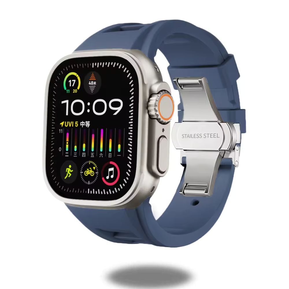 Silicon Sports Band for Apple Watch Ultra & Series (44–49mm) in blue with stainless steel clasp, featuring fitness display.