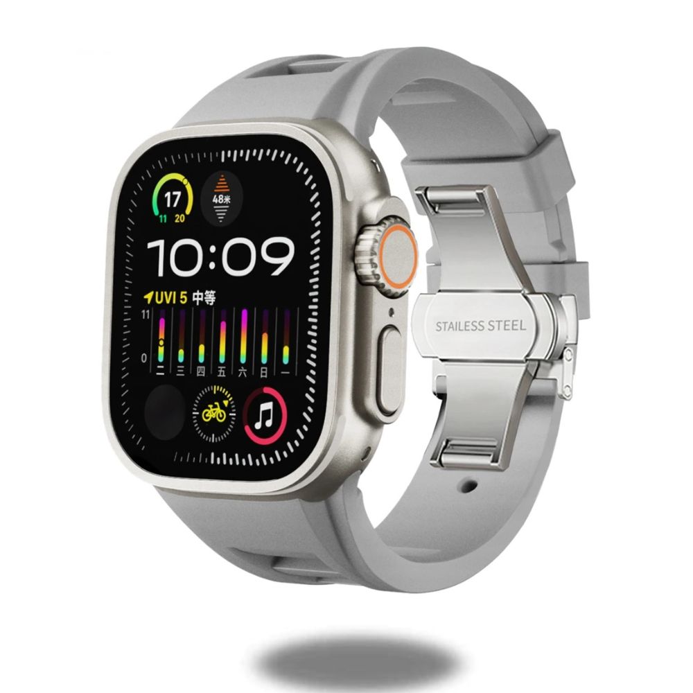 Silicon Sports Band for Apple Watch Ultra & Series (44–49mm) in grey attached to Apple Watch.
