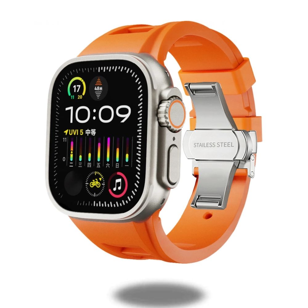 Silicon Sports Band for Apple Watch Ultra & Series (44–49mm) in orange with stainless steel clasp.
