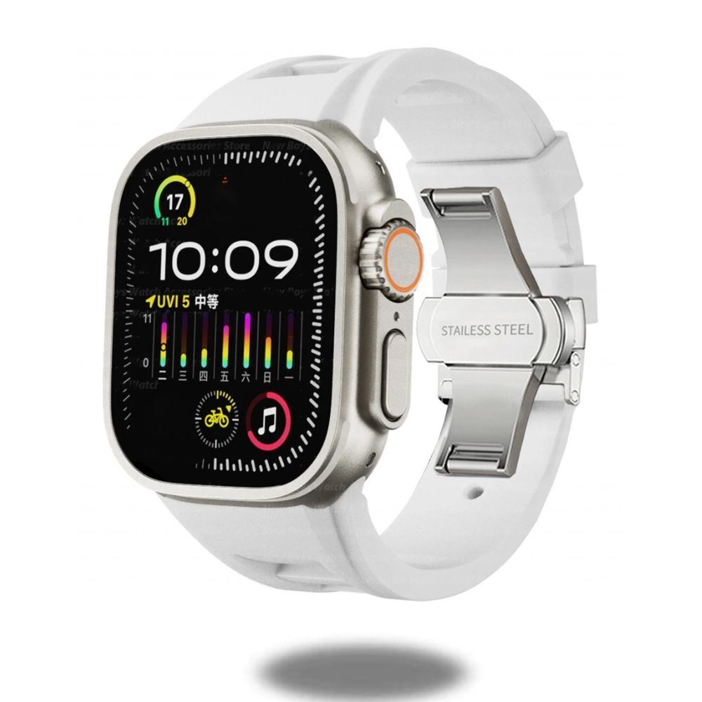 Silicon Sports Band for Apple Watch Ultra & Series (44–49mm) on a smartwatch with stainless steel clasp in white.