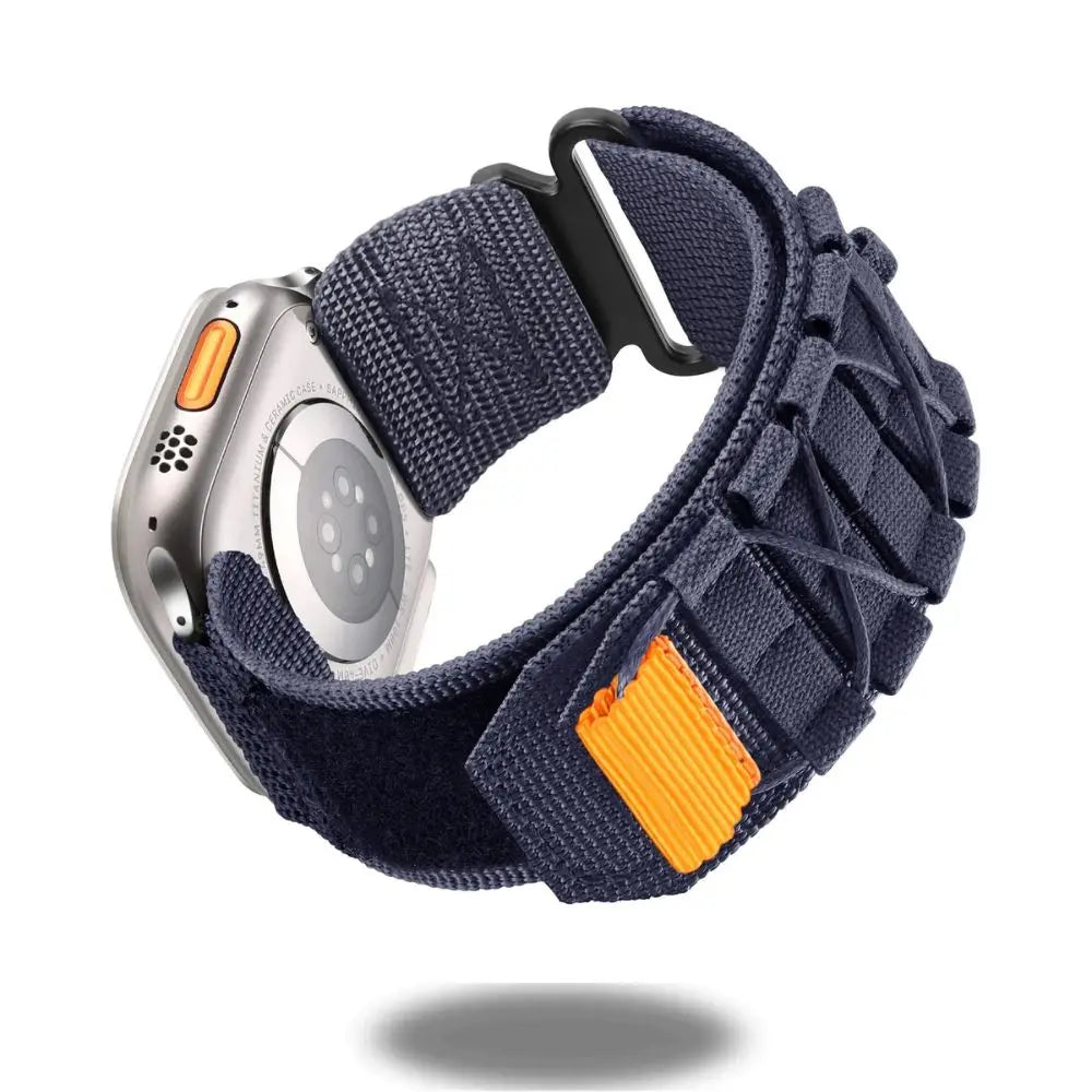 Tactical Nylon Loop Bands for Apple Watch shown in navy blue with durable buckle and unique design.