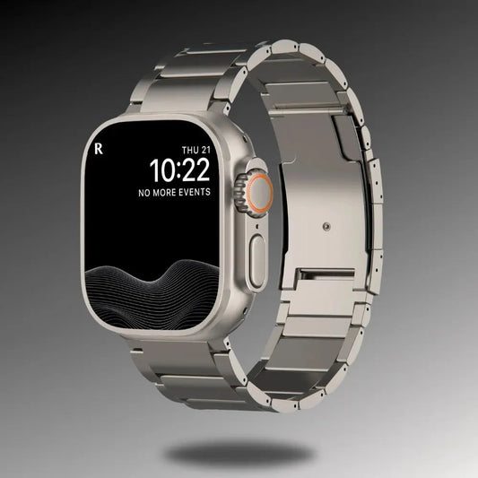 Titanium Alloy Bracelets (Buy Any 4 at $199) showcasing a sleek Apple Watch with a durable titanium band.