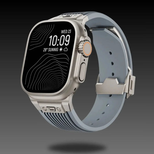 Leonardo, The Lux Silicon Sports Bands on an Apple Watch, showcasing style and comfort for outdoor activities.